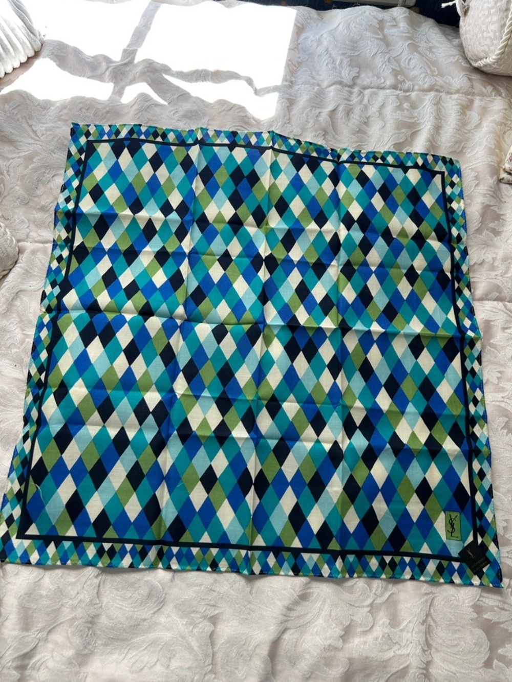 7035. Yves Saint Laurent Vintage Blue, Teal, Green & Black Diamond Scarf. COA. - Picture 1 of 6